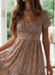 Round Neck Ruched Detail Floral Midi Dress