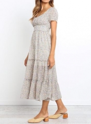 Round Neck Ruched Detail Floral Midi Dress