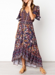 Lace Trim Button Front Floral Maxi Dress