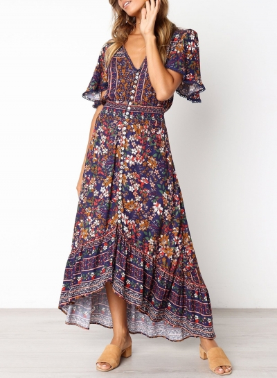 Lace Trim Button Front Floral Maxi Dress