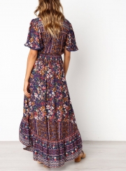 Lace Trim Button Front Floral Maxi Dress