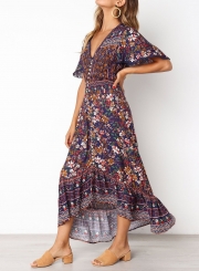 Lace Trim Button Front Floral Maxi Dress