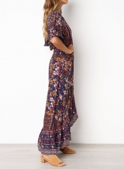 Lace Trim Button Front Floral Maxi Dress