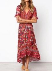 Lace Trim Button Front Floral Maxi Dress