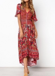 Lace Trim Button Front Floral Maxi Dress