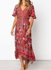 Lace Trim Button Front Floral Maxi Dress