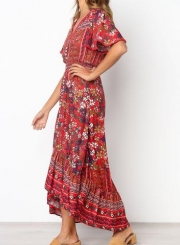 Lace Trim Button Front Floral Maxi Dress