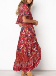 Lace Trim Button Front Floral Maxi Dress