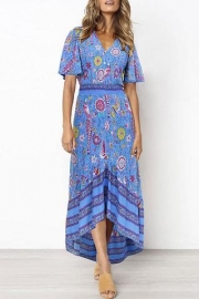 Lace Trim Button Front Floral Maxi Dress