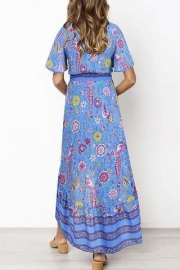 Lace Trim Button Front Floral Maxi Dress