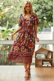 Lace Trim Button Front Floral Maxi Dress