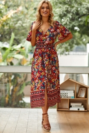 Lace Trim Button Front Floral Maxi Dress