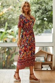 Lace Trim Button Front Floral Maxi Dress