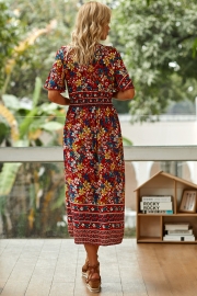 Lace Trim Button Front Floral Maxi Dress