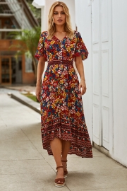 Lace Trim Button Front Floral Maxi Dress