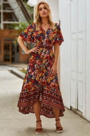 Lace Trim Button Front Floral Maxi Dress