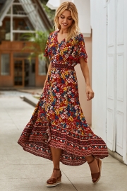 Lace Trim Button Front Floral Maxi Dress