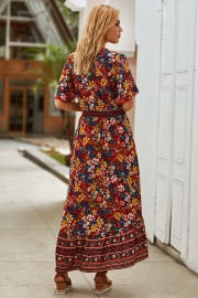 Lace Trim Button Front Floral Maxi Dress