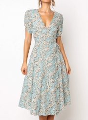 Deep V-neck Wrap Style Floral Midi Dress