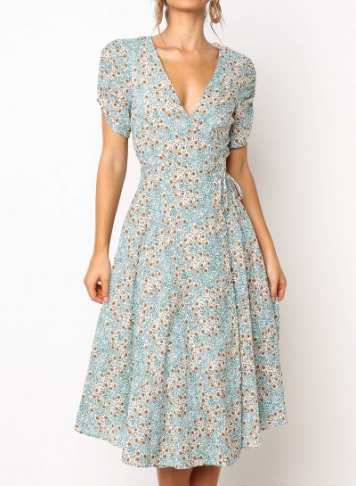 Deep V-neck Wrap Style Floral Midi Dress YOUYOUFASHIONEC.com