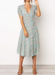 Deep V-neck Wrap Style Floral Midi Dress