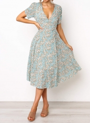 Deep V-neck Wrap Style Floral Midi Dress