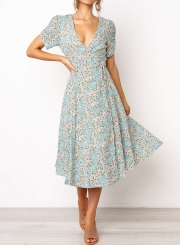 Deep V-neck Wrap Style Floral Midi Dress