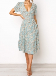 Deep V-neck Wrap Style Floral Midi Dress