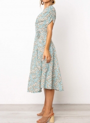 Deep V-neck Wrap Style Floral Midi Dress