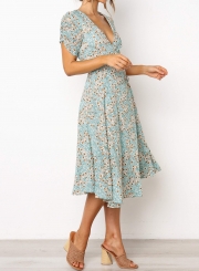 Deep V-neck Wrap Style Floral Midi Dress