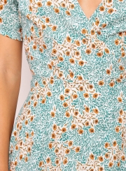 Deep V-neck Wrap Style Floral Midi Dress