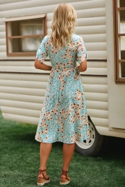 Deep V-neck Wrap Style Floral Midi Dress