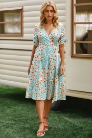 Deep V-neck Wrap Style Floral Midi Dress