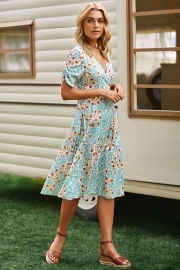 Deep V-neck Wrap Style Floral Midi Dress