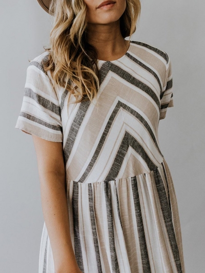 Simple Striped Round Neck Midi Dress