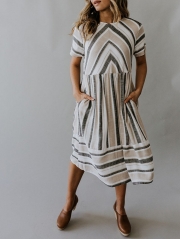 Simple Striped Round Neck Midi Dress