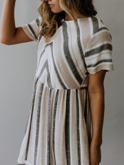 Simple Striped Round Neck Midi Dress