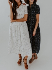 Cute Spotted Shirt Collar Midi Dress