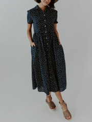 Cute Spotted Shirt Collar Midi Dress