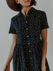 Cute Spotted Shirt Collar Midi Dress