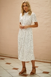 Cute Spotted Shirt Collar Midi Dress