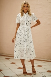 Cute Spotted Shirt Collar Midi Dress