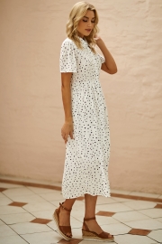 Cute Spotted Shirt Collar Midi Dress