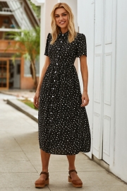 Cute Spotted Shirt Collar Midi Dress