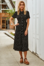 Cute Spotted Shirt Collar Midi Dress