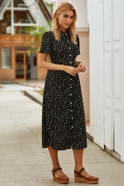 Cute Spotted Shirt Collar Midi Dress