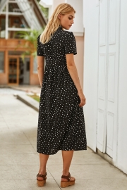 Cute Spotted Shirt Collar Midi Dress