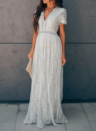 V Neck Short Sleeve Lace Maxi Dress YOUYOUFASHIONEC.com