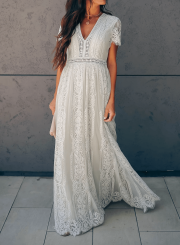 V Neck Short Sleeve Lace Maxi Dress