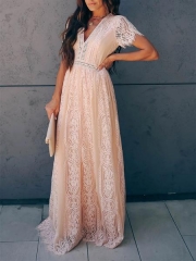 V Neck Short Sleeve Lace Maxi Dress